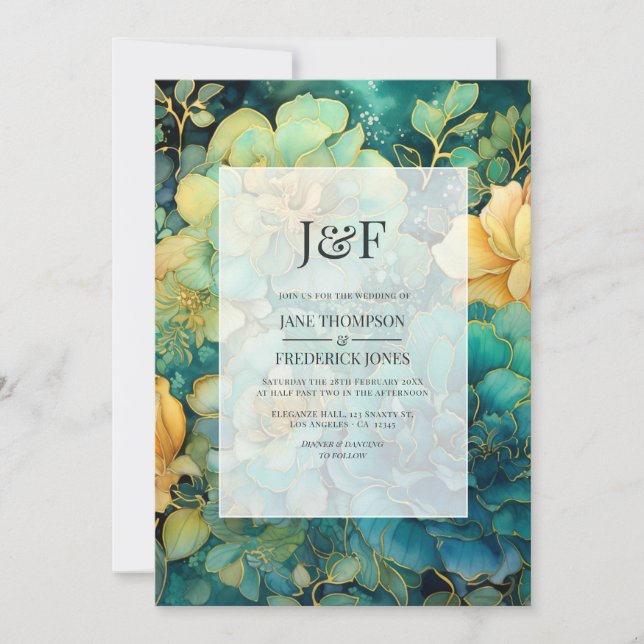 Grönpatina och guld blommande vigselmonogram inbjudningar (Framsida)