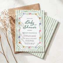 Grönrandig blomsterinbjudan till baby shower