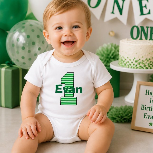 Grönrandig ettårs pojke tröja (Green Striped First Birthday Boy Toddler T-shirt)