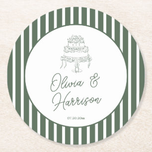 Grönrandig Preppy Cabana Bröllops Papper Coaster Underlägg Papper Rund