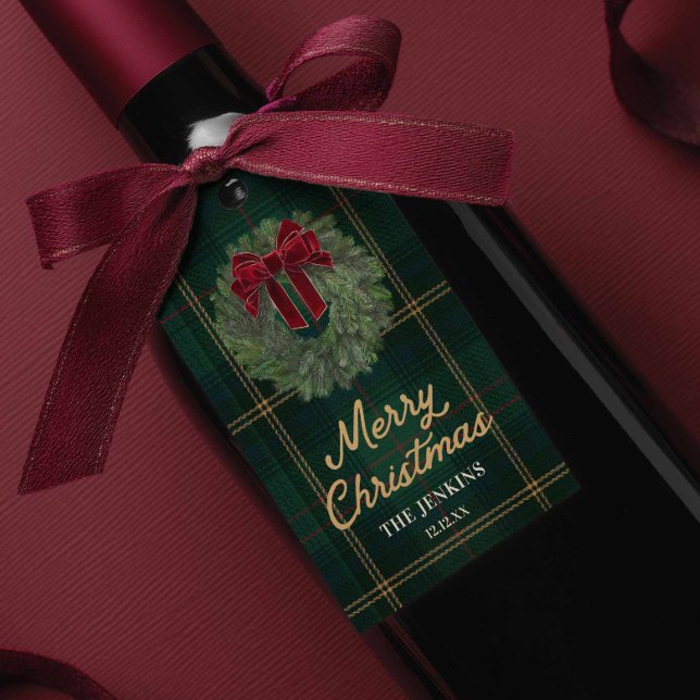 Grönrutig Glad Jul Förmånsetikett Presentetikett (Green Plaid Merry Christmas Wine Label Sticker)