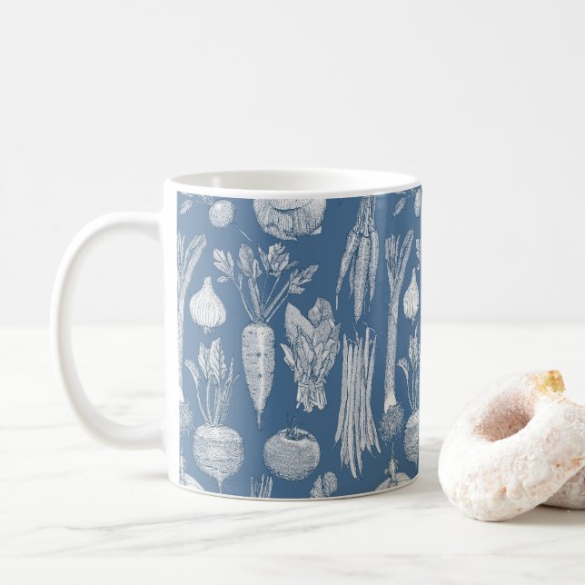 grönsaker från bondens marknad koboltblå denim kaffemugg (Med munk)