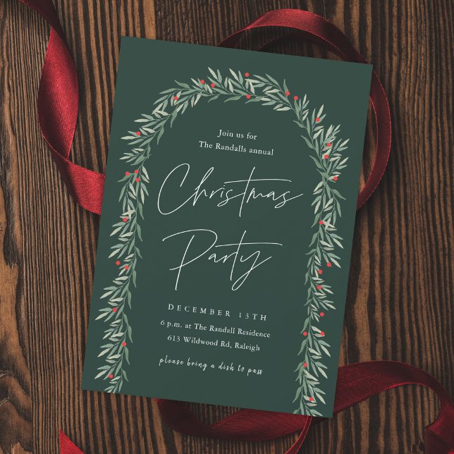 Grönska Ark Modern Script Julfest Inbjudningar (Elegant Hand-painted Greenery Arch Christmas Party Invitaitons.)