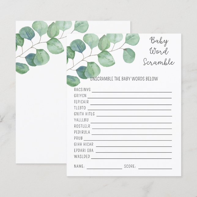 Grönska - Baby Ordkryss | Baby Shower Lek (Fram/baksida)