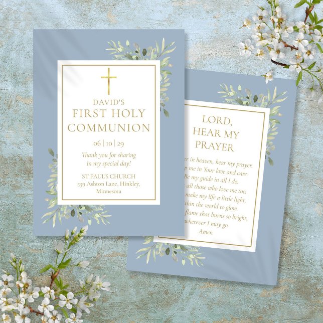Grönska Blå Första Heliga Kommunion Bönkort (Greenery Blue First Holy Communion Prayer Card)