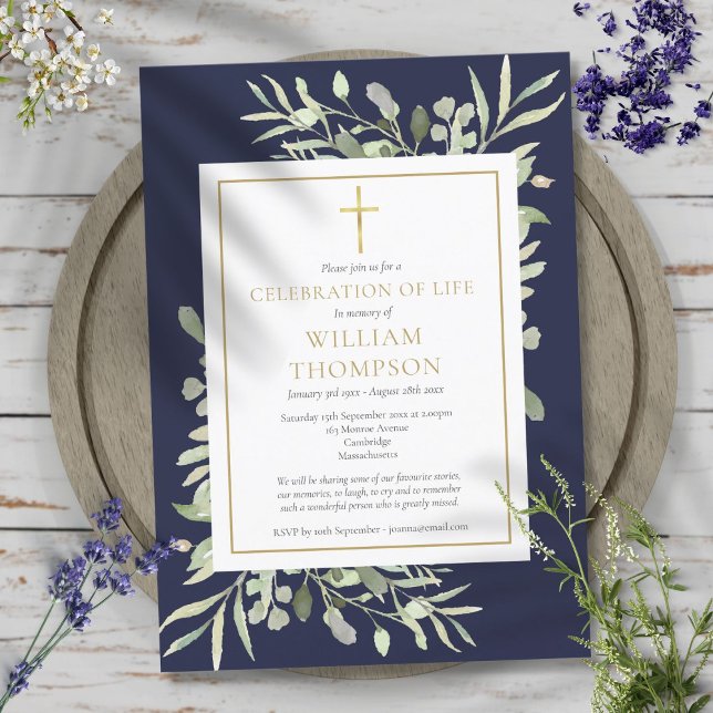 Grönska Blå Livets Firande Begravning Inbjudningar (Greenery Blue Celebration of Life Funeral Invitation)