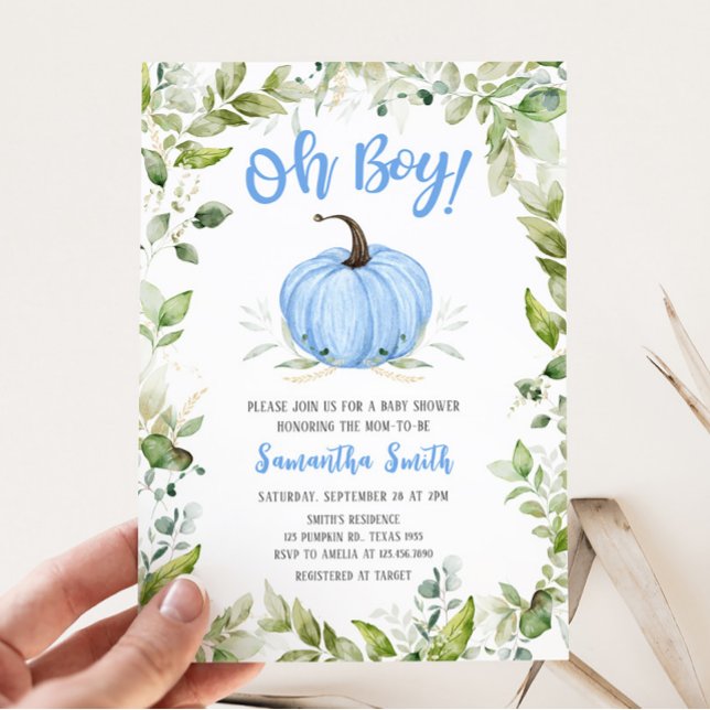 Grönska Blå Pumpa Bebis Shower  Inbjudningar (Oh Boy Pumpkin Baby Shower Invitation)