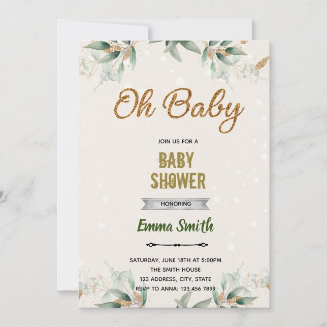 Grönska blad baby shower tema inbjudan (Framsida)