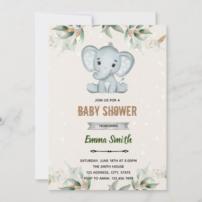 Grönska blad elefant tema inbjudan (Framsida)