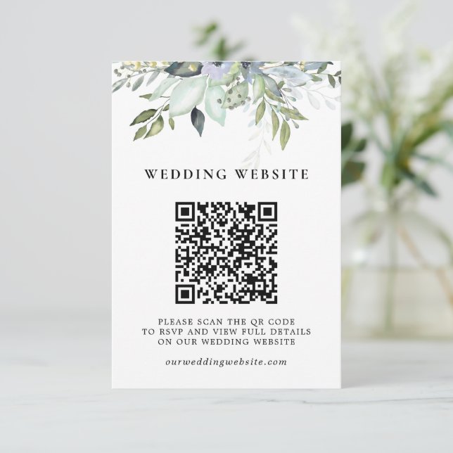 Grönska Blad QR-kod RSVP och Bröllopsdetaljer Tilläggskort (Stående Fram)
