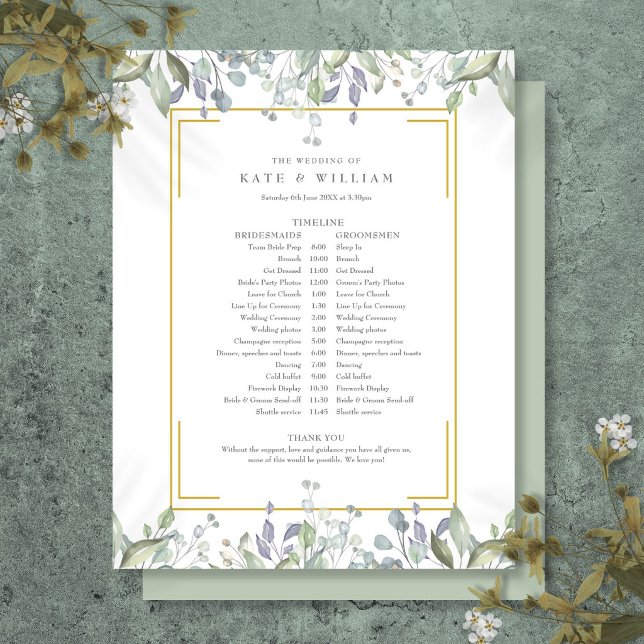Grönska Blommig Bröllopsschema Tidslinje (Greenery Floral Wedding Schedule Timeline)