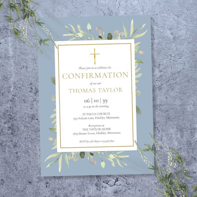 Grönska Blommig Dammig Blå Konfirmation Inbjudningar (Greenery Floral Dusty Blue Confirmation Invitation)