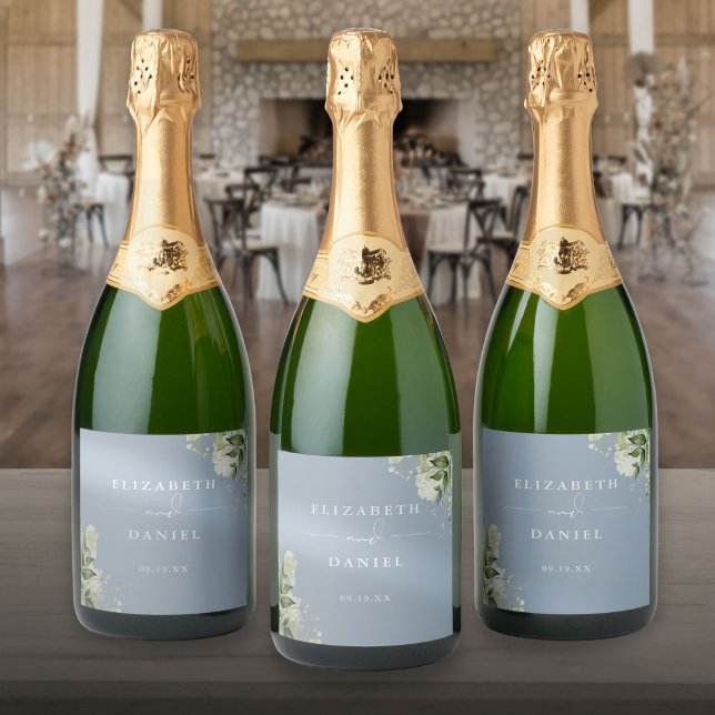 Grönska Blommig Elegant Dammig Blå Bröllop (Greenery Floral Elegant Dusty Blue Wedding Sparkling Wine Labe)