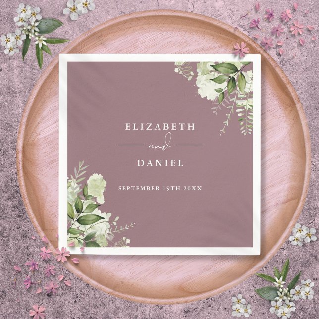 Grönska Blommig Elegant Mauve Bröllop Pappersservett (Greenery Floral Elegant Mauve Wedding Napkins)