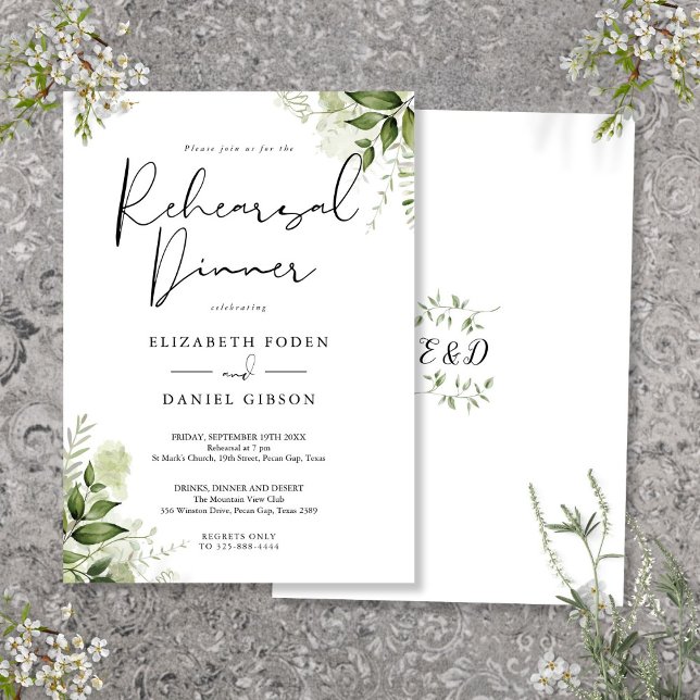 Grönska Blommig Elegant Repetitionsmiddag Inbjudningar (Greenery Floral Elegant Rehearsal Dinner Invitation)