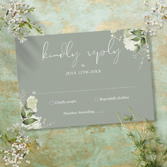 Grönska Blommig Elegant Salvia Grön Bröllop OSA Kort (Greenery Floral Elegant Sage Green Wedding RSVP Card)