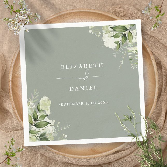 Grönska Blommig Elegant Salvia Grön Bröllop Pappersservett (Greenery Floral Elegant Sage Green Wedding Napkins)