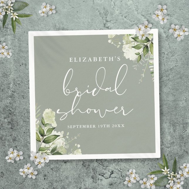 Grönska Blommig Elegant Salvia Grön Bröllopsdusch Pappersservett (Greenery Floral Elegant Sage Green Bridal Shower Napkins)