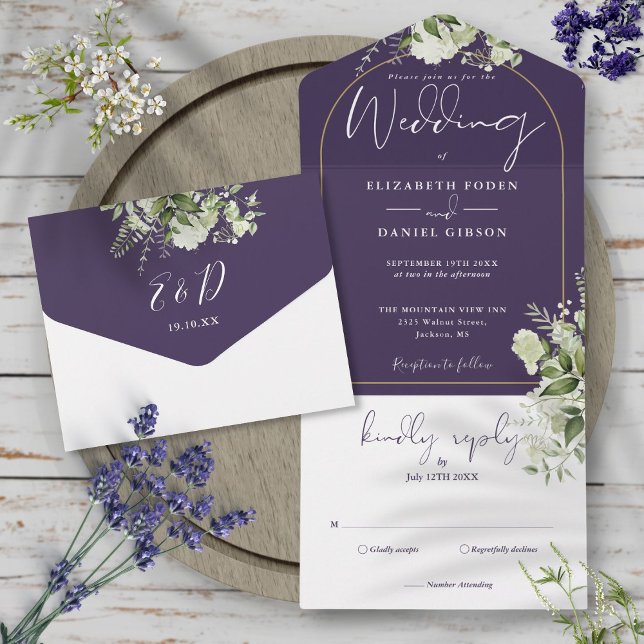 Grönska Blommig Lila Och Guld Båg Bröllop (Greenery Floral Purple And Gold Arch Wedding All In One Invitation)