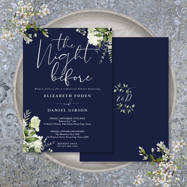 Grönska Blommig Marinblå Repetitionsmiddag Inbjudningar (Greenery Floral Navy Blue Rehearsal Dinner Invitation)