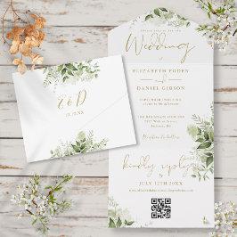 Grönska Blommig QR-kod Guld Monogram Bröllop