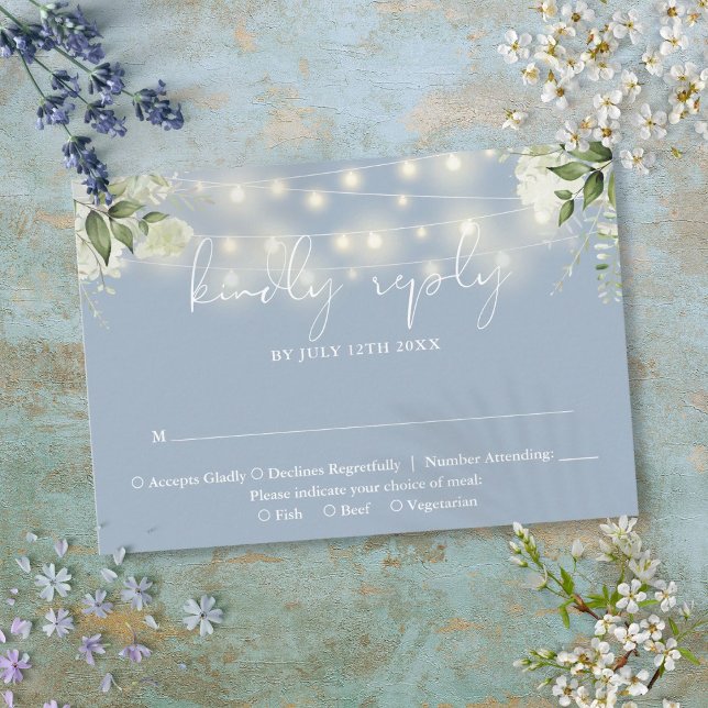Grönska Blommig Strängljus Dammig Blå Bröllop OSA Kort (Greenery Floral String Lights Dusty Blue Wedding RSVP Card)