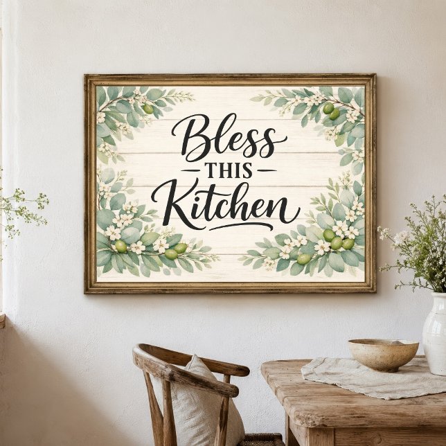 Grönska Blommor Välsigna Denna Kök Väggkonst Affis (Bless This Kitchen Farmhouse Country Rustic Kitchen Wall Art Poster Print. Greenery and Florals)