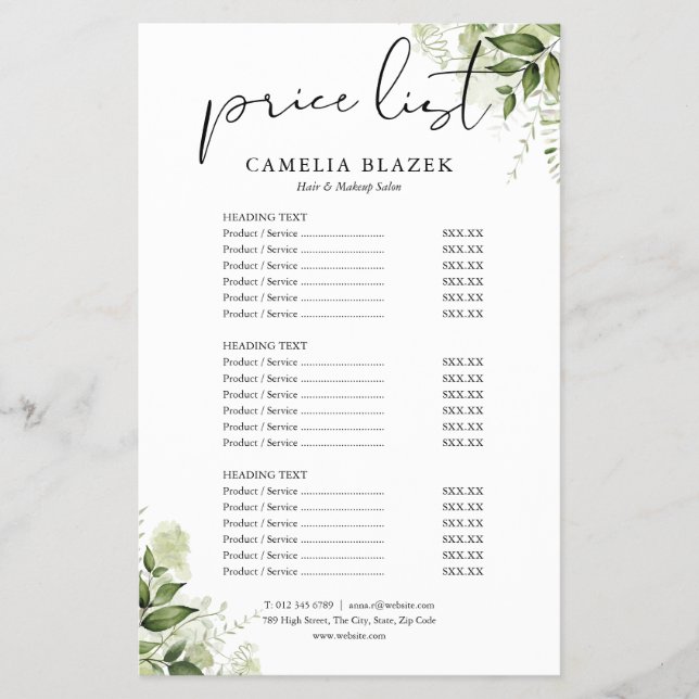 Grönska Blomster Salong Service Meny Prislista (Framsidan)