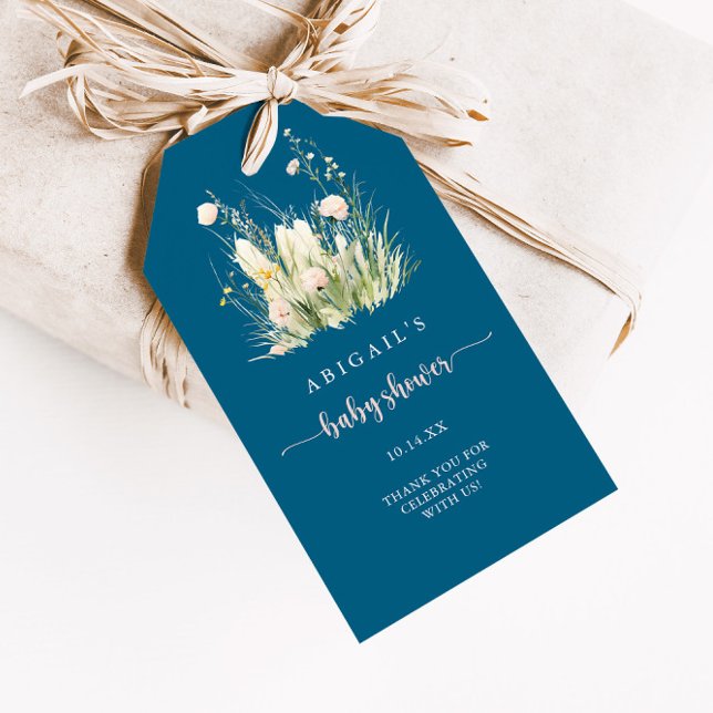 Grönska Boho Vildblomma Navy Blå Barnkalas Presentetikett (Skapare uppladdad)