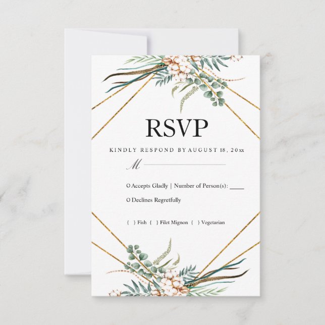 Grönska Bomull Boho Glitter Bröllop RSVP OSA Kort (Framsida)