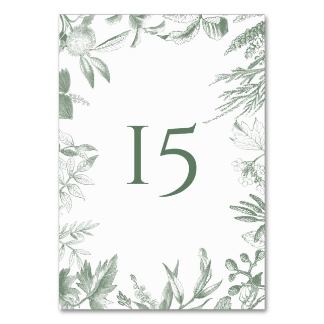 Grönska Botaniska blad Vattenfärg Bordsnummer (Framsidan)