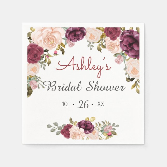 Grönska Burgundy Marsala Röd Blommig Bröllopsfest Pappersservett (Framsidan)