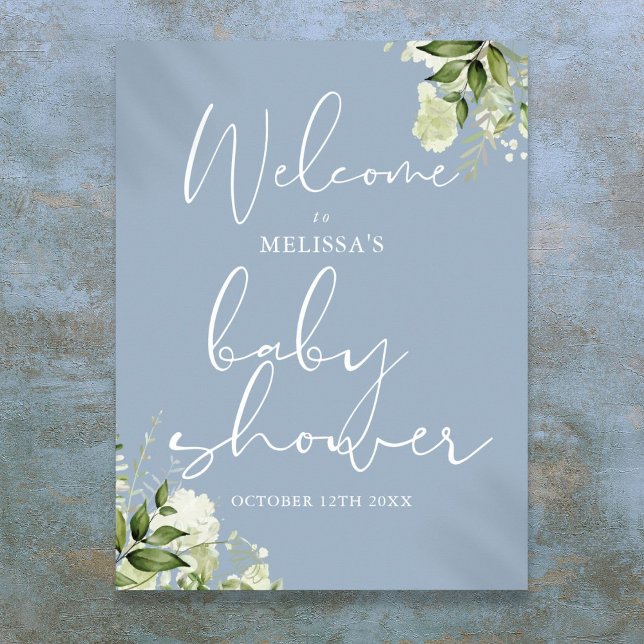 Grönska Dammig Blå Bebis Shower Välkomstskylt Poster (Greenery Dusty Blue Baby Shower Welcome Sign)