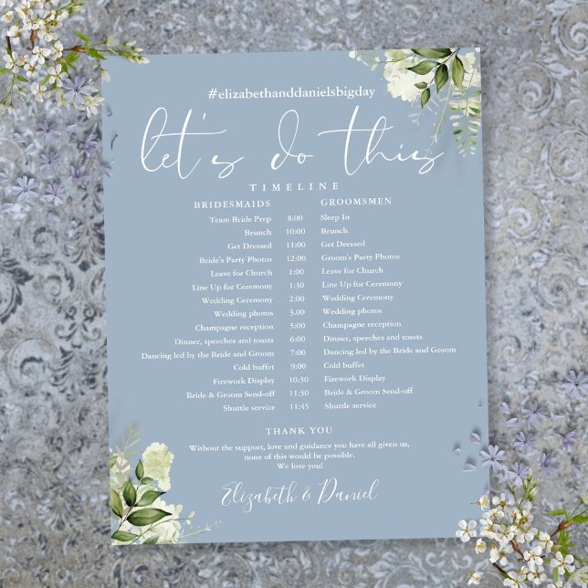 Grönska Dammig Blå Bröllopsschema Tidslinje (Greenery Dusty Blue Wedding Schedule Timeline)