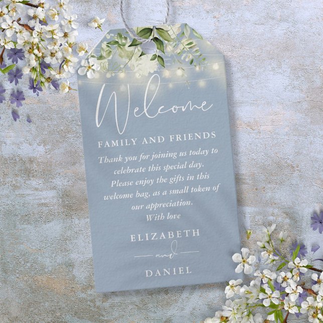 Grönska Dammig Blå Förmånlig Välkomstkorg Bag Presentetikett (Greenery Dusty Blue Favor Welcome Basket Bag Gift Tags)