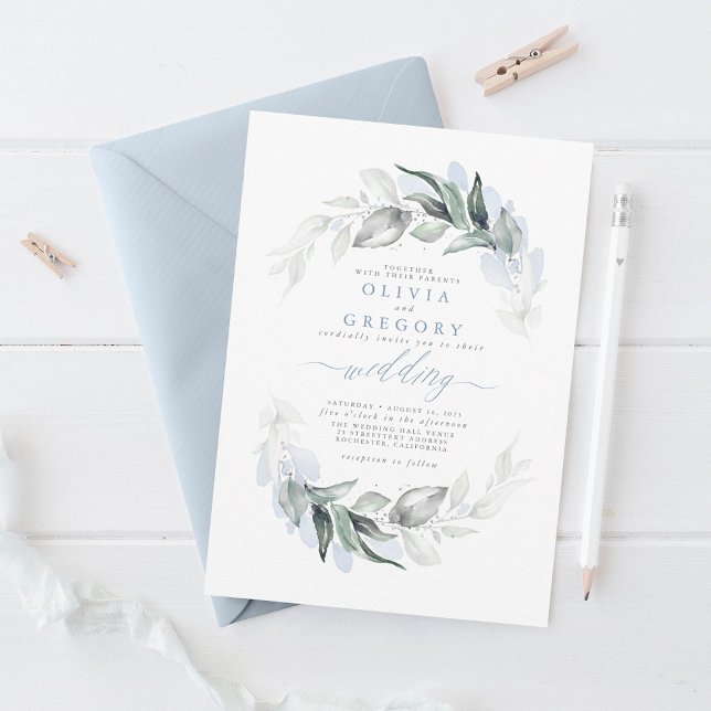 Grönska Dammig Blå Modern Elegant Bröllop Inbjudningar (Dusty Blue and Silver Greenery Wedding Invitations)