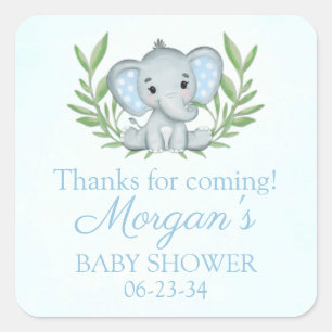 Grönska Elefant Blå Pojke Baby Shower Fyrkantig Kl Fyrkantigt Klistermärke