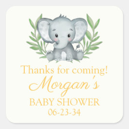 Grönska Elefant Gul Neutral Baby Shower Fyrkantigt Klistermärke