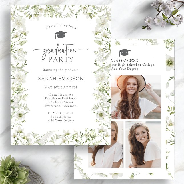 Grönska Elegant Examen Inbjudningar (Watercolor Greenery Elegant Graduation Invitation Photo Collage by Painted Paperie
)