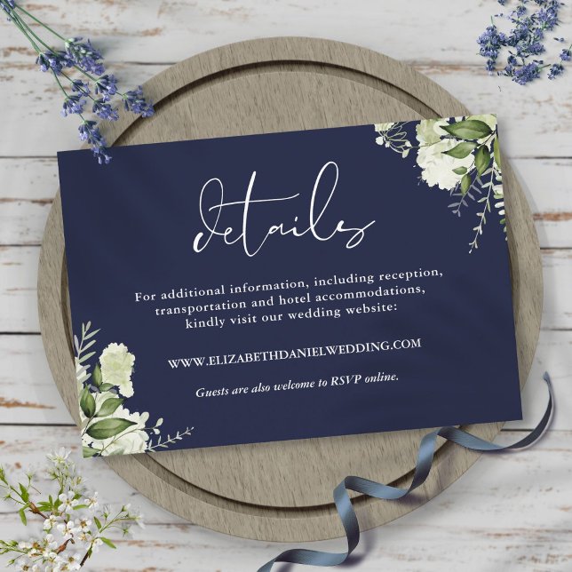 Grönska Elegant Marinblå Bröllopsdetaljer Tilläggskort (Greenery Elegant Navy Blue Wedding Details Enclosure Card)