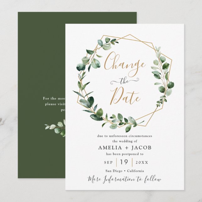 Grönska Eucalyptus Guld Geometrisk Ändra Datum Inbjudningar (Fram/baksida)