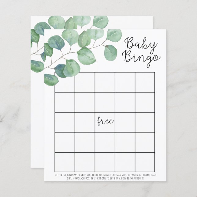 Grönska Eukalyptus - Baby shower bingo spel (Fram/baksida)