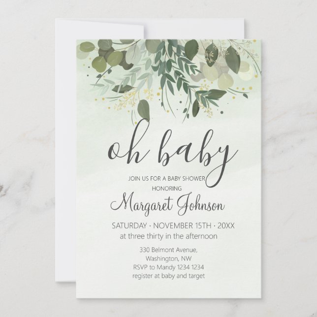 Grönska Eukalyptus Baby Shower Inbjudan (Framsida)