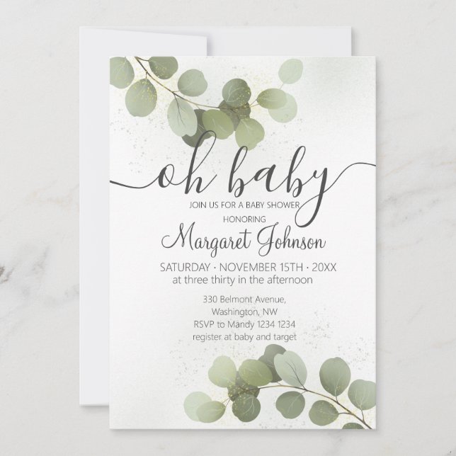 Grönska Eukalyptus Baby Shower Inbjudan (Framsida)
