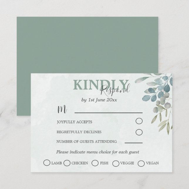 Grönska Eukalyptus Dammig Blå Bröllops RSVP OSA Kort (Fram/baksida)