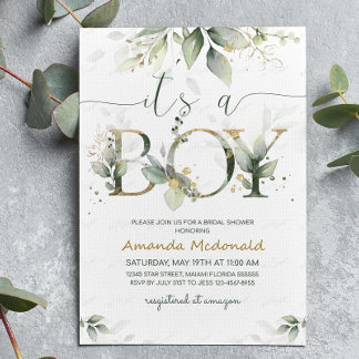 Grönska Eukalyptus Det är en pojke Baby Shower Inbjudningar
