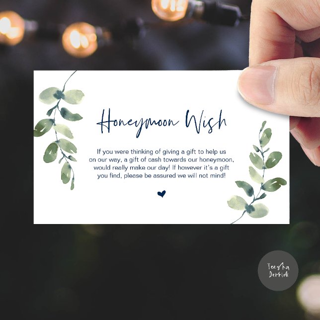 Grönska Eukalyptus, Rustik Bröllopspresent För Res Tilläggskort (Greenery Eucalyptus, Rustic Honeymoon Wish Fund Enclosure Card in Navy Blue)