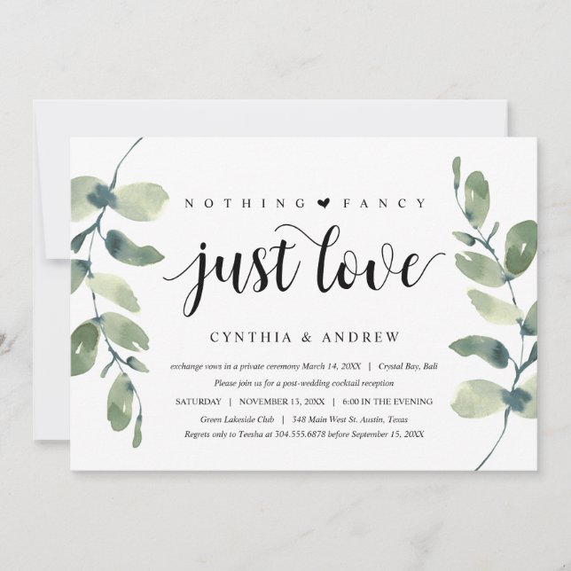 Grönska Eukalyptus, Svart bläck, Bröllop Elopement Inbjudningar (Framsida)