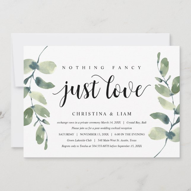 Grönska Eukalyptus, Svart bläck, Bröllop Flykt Inbjudningar (Framsida)
