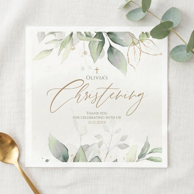 Grönska Guld Akvarell Dop Pappersservett (Greenery Gold Watercolor Christening Napkins)